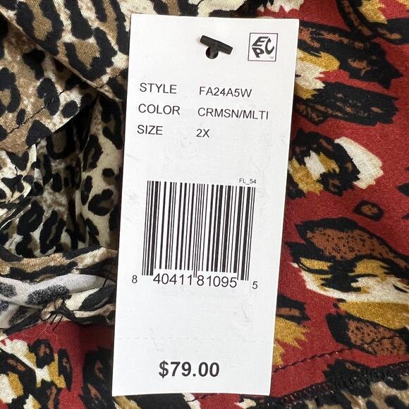 Calessa Womens Tunic Top 2X Red Embroidered Boho Animal Print Mixed Fabric - Picture 9 of 9